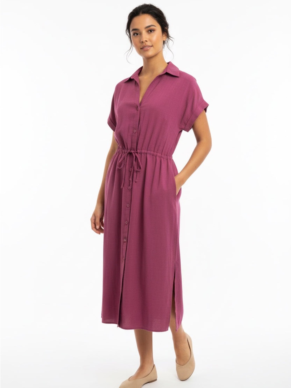 Jewel Badgley Mischka Magenta  Button-Front Drawstring Midi Dress